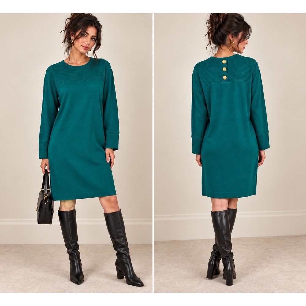 Preppy Quiet Luxury Green Oversized Sweater Dress Gold Button Talbots Small